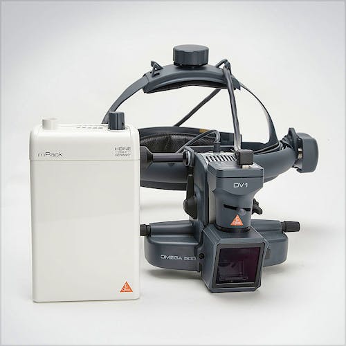 Oftalmoscopio Heine Indirecto Omega500 XHL Xenón Halógeno 6 V. con Casco Craneal, con HC 50L Reostato, Cámara DV1 Video Digital y Cable USB 2.0