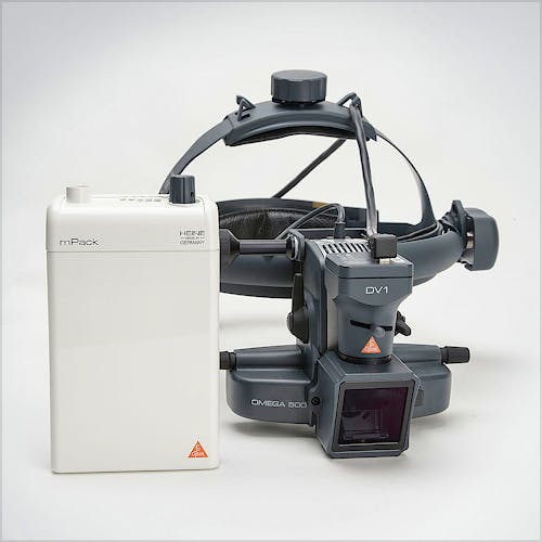 Oftalmoscopio Heine Indirecto Omega500 XHL Xenón Halógeno 6 V. con Casco Craneal, con HC 50L Reostato, Cámara DV1 Video Digital y Cable USB 2.0