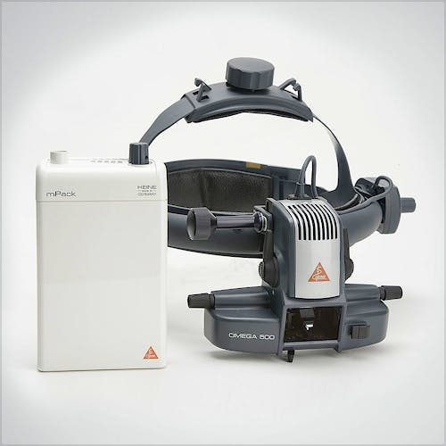 Oftalmoscopio Heine Indirecto Omega500 Kit 3 con HC 50 L, con Mpack, Transformador de Enchufe y Adaptador Ángulo 90º