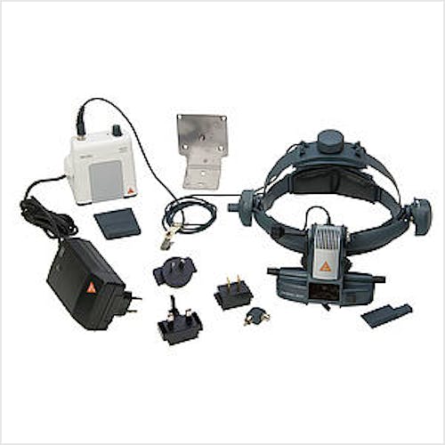 Oftalmoscopio Heine Indirecto Omega500 Kit 2 con HC 50 L y Transf. en 50 Completo, Cable Conexión, Adaptador Ángulo 90º y Soporte Instrumento