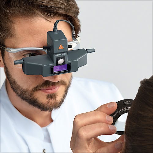 Oftalmoscopio Heine Indirecto Binocular Sigma250 LED sobre Gafa con S-Frame, con Cinta de Fijación y mPack, Depresores, Lupa AR20D, Filtros