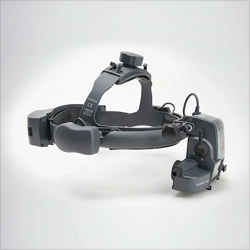 Oftalmoscopio Heine Indirecto Omega500 XHL Xenón Halógeno con Casco Frontal + Depresores, Lupa AR20D, Espejo Coobservador, 1 Lámpara de Recambio,mPack