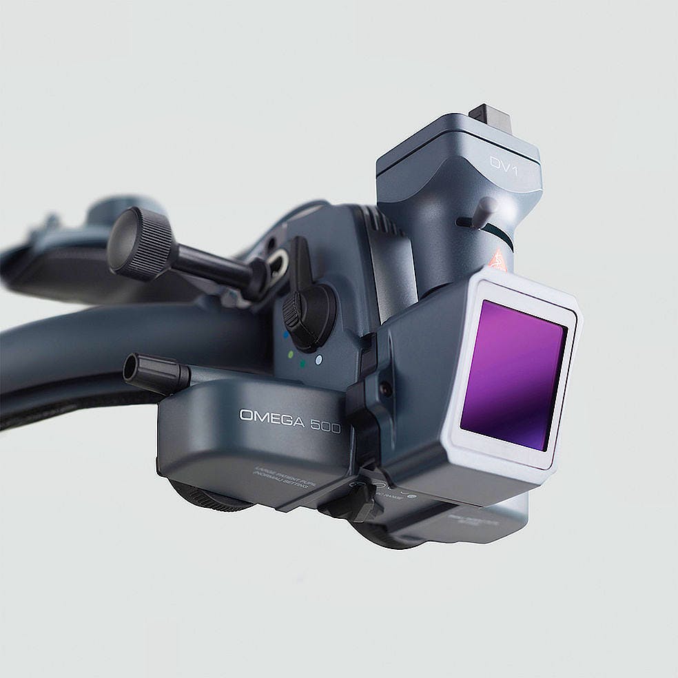Oftalmoscopio Heine Indirecto Omega500 LED con Casco Craneal, con HC 50L Reostato, Cámara DV1 Video Digital, Mpack con Transformador de Enchufe