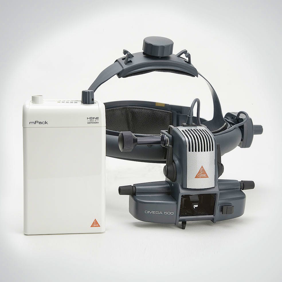 Oftalmoscopio Heine Indirecto Omega500 LED Kit 7 con HC 50 L, Cargador de Pared EN 50 UNPLUGGED, 1x mPack UNPLUGGED