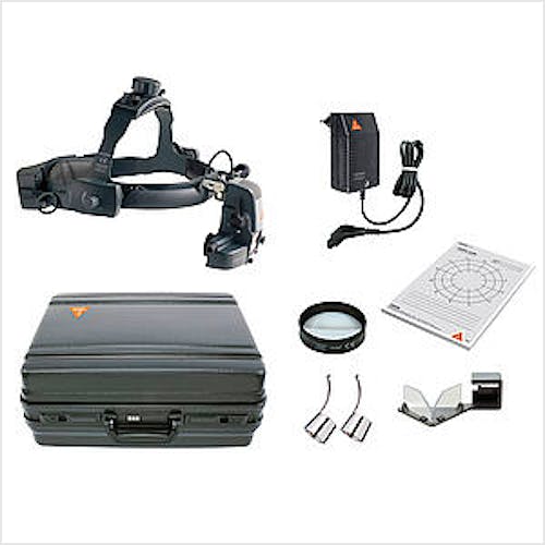 Oftalmoscopio Heine Indirecto Omega500 LED con Casco Frontal + 2 Depresores Esclerales, 1 Lupa AR20D, Espejo Coobservador, 1 Lámpara de Recambio