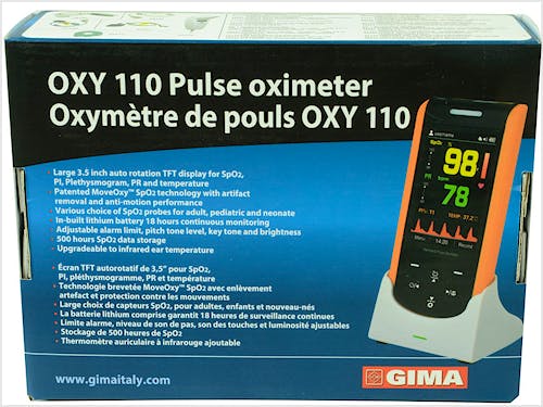 Pulsioxímetro de Dedo GIMA Oxy-110, Kit con Sensor Adultos Incorporado + Bateria Recargable + Base para Carga