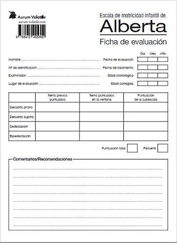 Portada del libro 9788412455380 Ficha de Evaluación de la Escala de Motricidad Infantil de Alberta (Pack 50 Unidades)