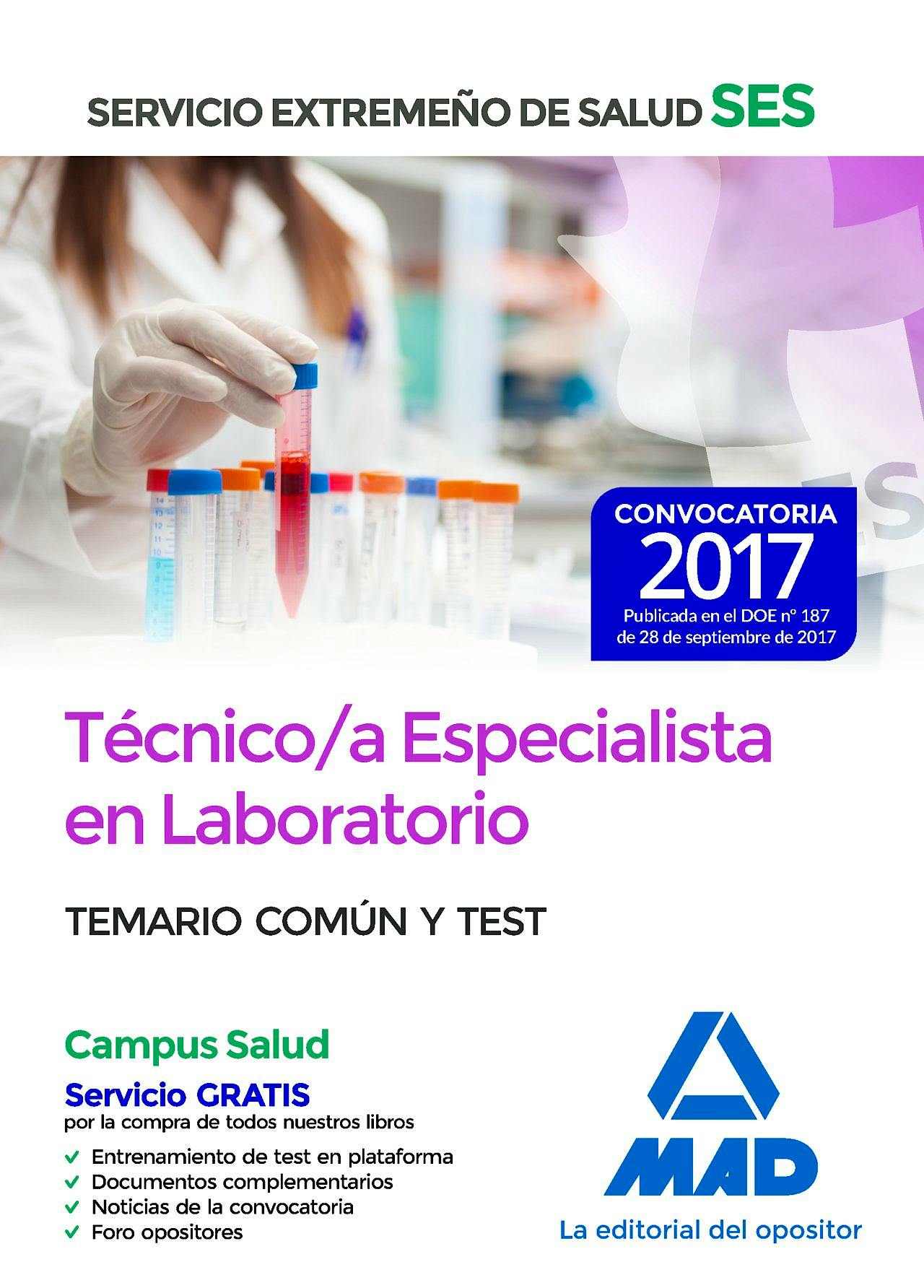 Portada del libro 9788414210840 Técnico/a Especialista en Laboratorio Servicio Extremeño de Salud (SES). Temario Común y Test