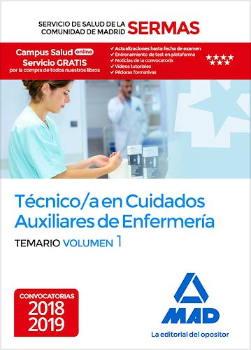 Portada del libro 9788414218211 Técnico en Cuidados Auxiliares de Enfermería Servicio de Salud de la Comunidad de Madrid (SERMAS). Temario, Vol. 1