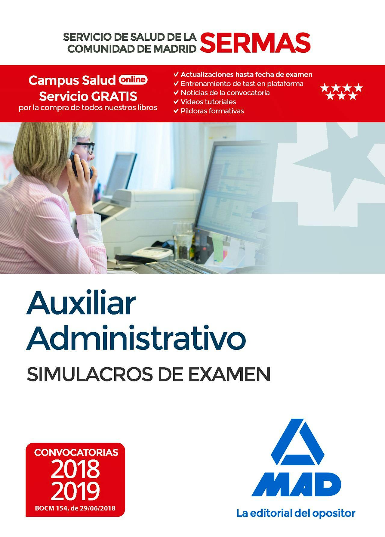 Portada del libro 9788414219317 Auxiliar Administrativo Servicio de Salud de la Comunidad de Madrid (SERMAS). Simulacros de Examen