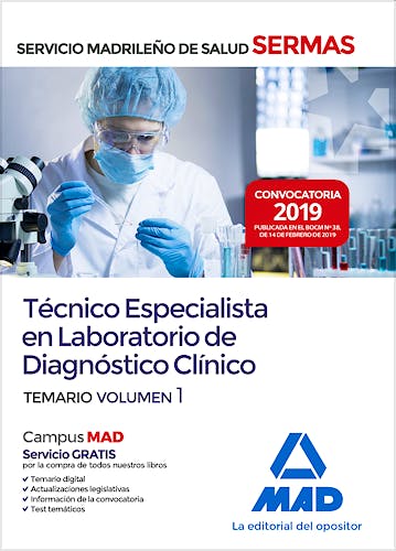 Portada del libro 9788414226179 Técnico Especialista en Laboratorio de Diagnóstico Clínico Servicio Madrileño de Salud (SERMAS). Temario, Vol. 1