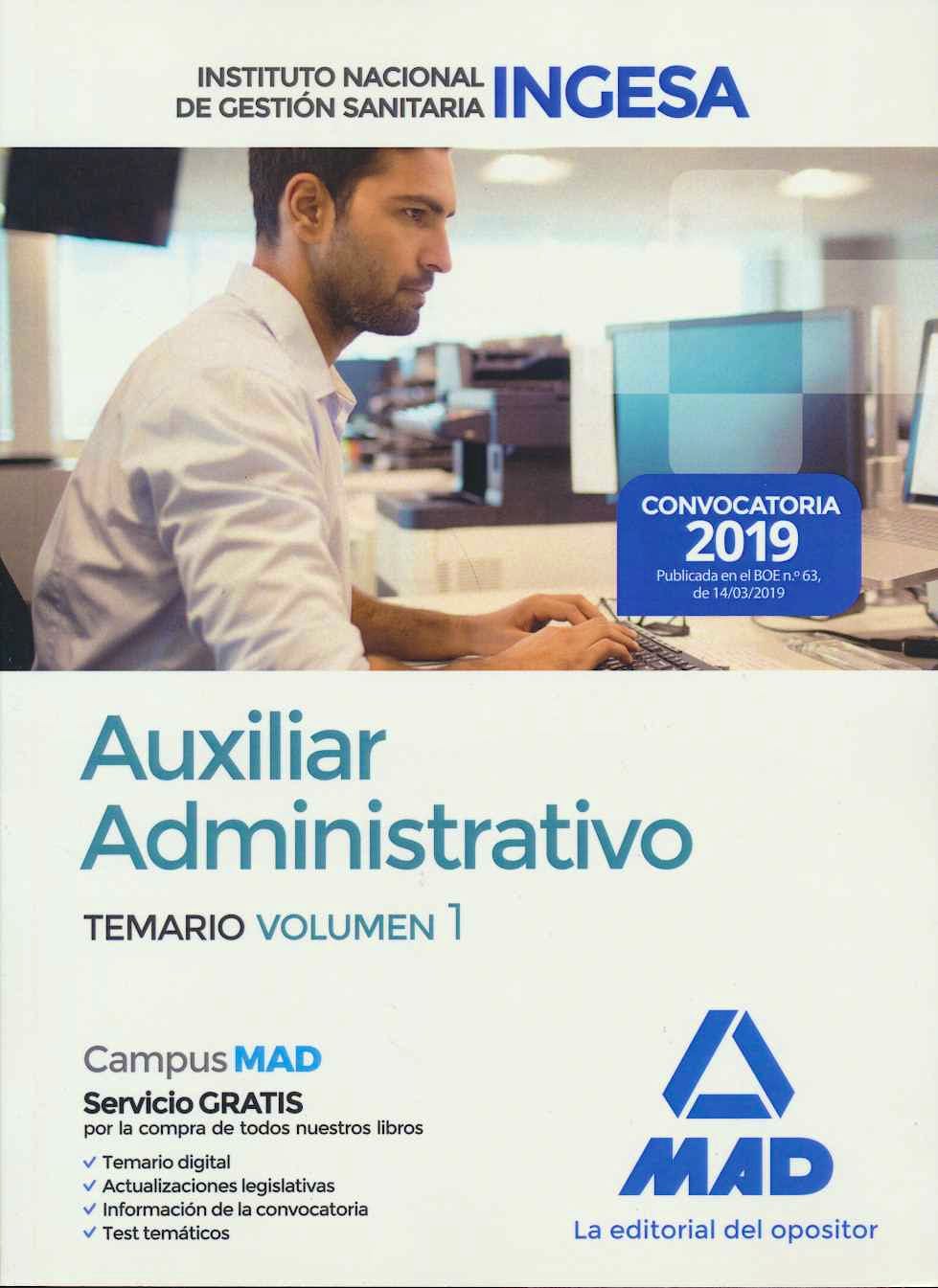 Portada del libro 9788414226827 Auxiliar Administrativo Instituto Nacional de Gestión Sanitaria (INGESA). Temario, Vol. 1