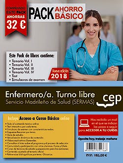 Portada del libro 9788468174341 Paquete Ahorro Básico Enfermero/a Turno Libre Servicio Madrileño de Salud (SERMAS) (Total 6 libros e Incluye Acceso al Curso Básico Online)