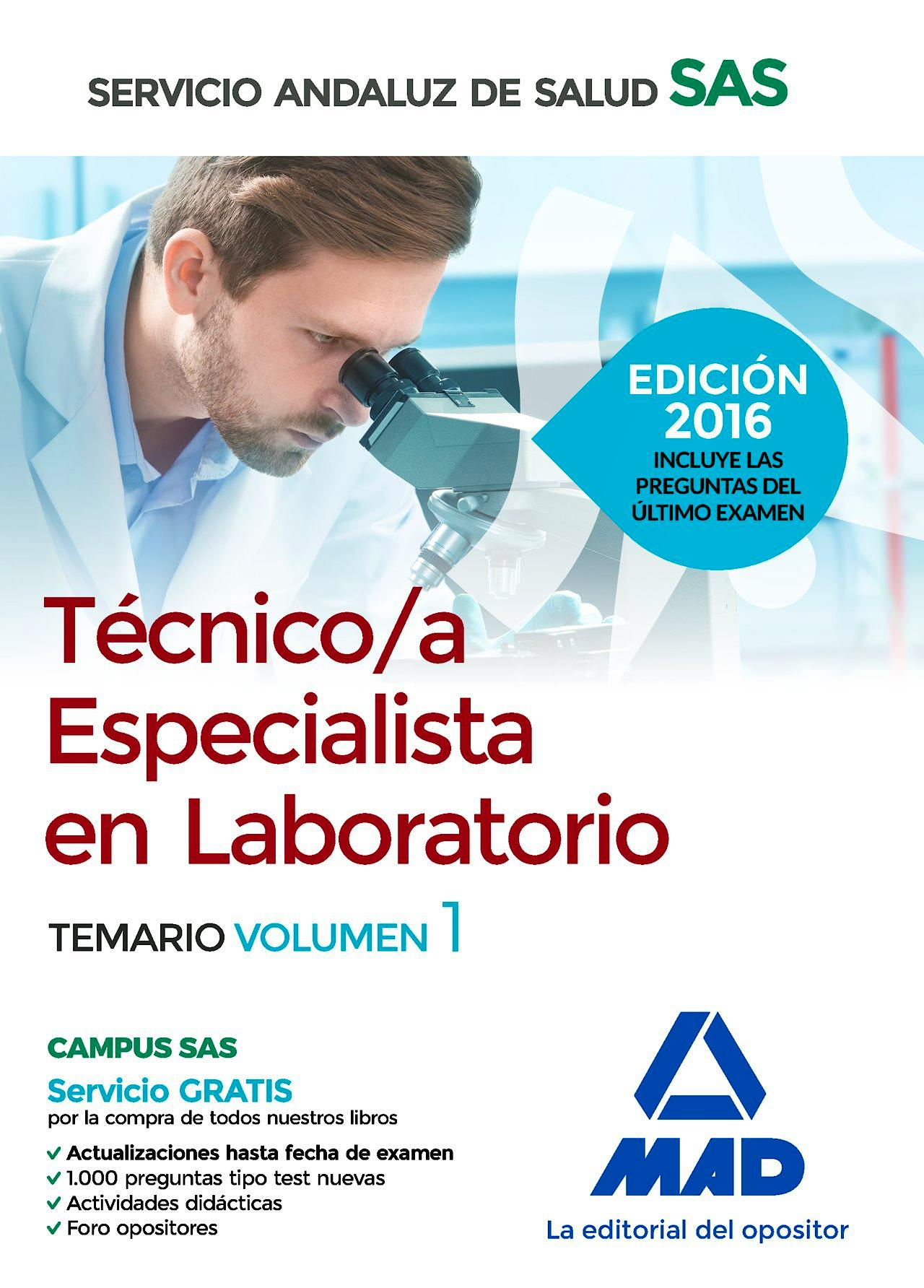 Portada del libro 9788490939451 Tecnico/a Especialista en Laboratorio Servicio Andaluz de Salud (SAS). Temario, Vol. 1