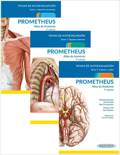 Portada del libro 9788491106517 PROMETHEUS Atlas de Anatomía. Fichas de Autoevaluación (3 Tomos): Aparato Locomotor, Órganos Internos, Cabeza y Cuello