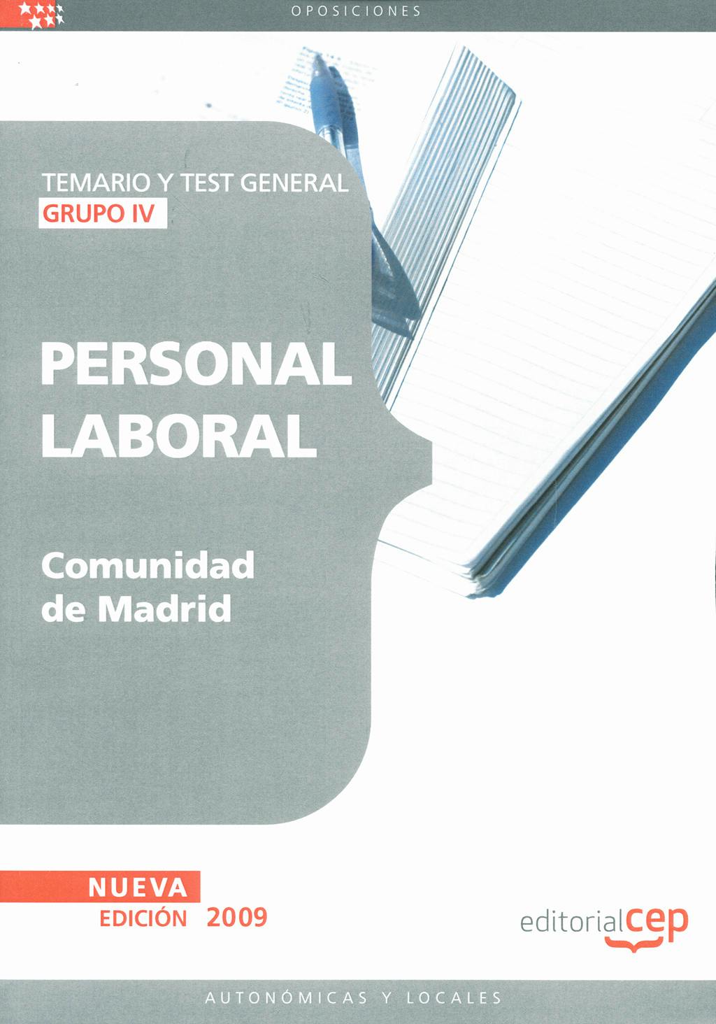 Portada del libro 9788499242392 Personal Laboral de la Comunidad de Madrid (Grupo Iv). Temario y Test General